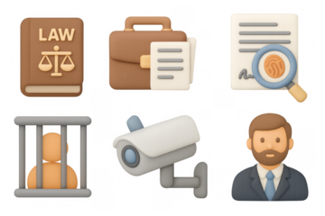Legal and security icon set featuring law book, briefcase, and surveil
