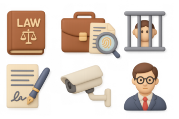 Legal and justice icons: briefcase, document, magnifying glass, jail,