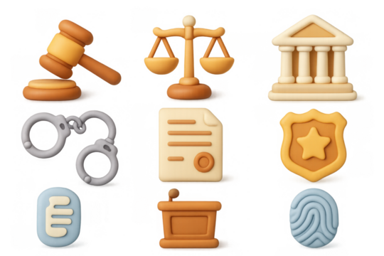 3d icons of justice: courtroom, legal documents, and law symbols