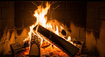 Obraz premium Warm Fireplace with Burning Logs and Bright Flames.