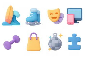 Set of colorful 3d icons: sports, entertainment, and technology elemen