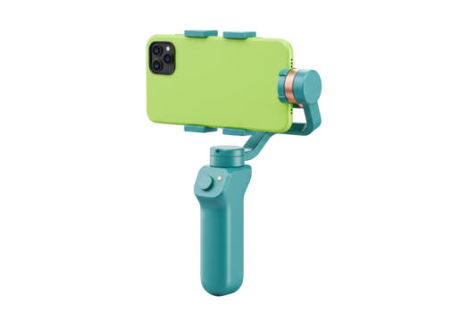 Isolated green smartphone in phone holder for shooting video on the go, mobile photography