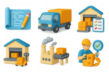 3d logistics icons: blueprint, truck, warehouse, factory, worker
