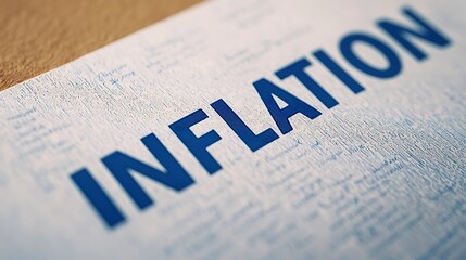 A close-up view of the word "INFLATION" printed prominently on a textured paper background.