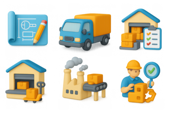 3d logistics icons: blueprint, truck, warehouse, factory, worker