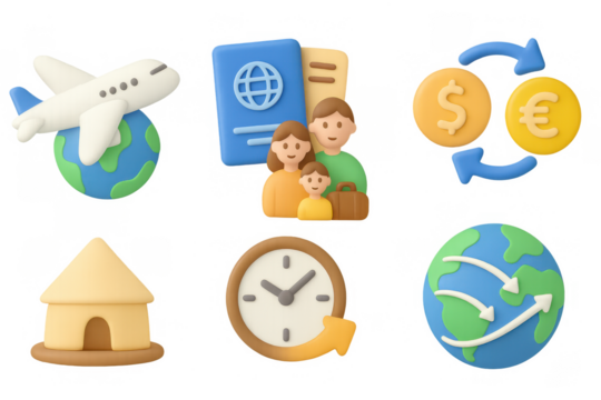 Travel and currency exchange 3d icons with global connections