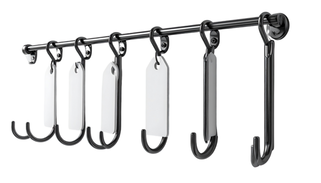 Row of black wall hooks with tags