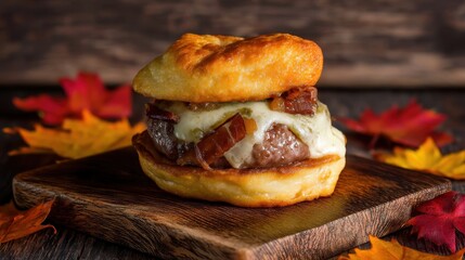 Cheeseburger&ndash;Apple Dumpling Delight Concept. Savory dish with cheese and meat on a wooden board surrounded by leaves.