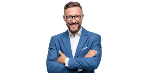  photograph of a smiling businessman with arms crossed, wearing a blue suit and glasses, isolated on a transparent png 