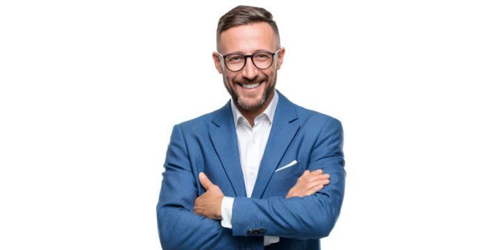 photograph of a smiling businessman with arms crossed, wearing a blue suit and glasses, isolated on a transparent png