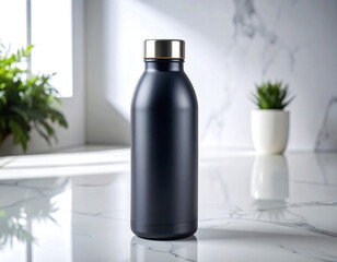 Minimalistic Stainless Steel Bottle on Modern Marble Counter With Plants