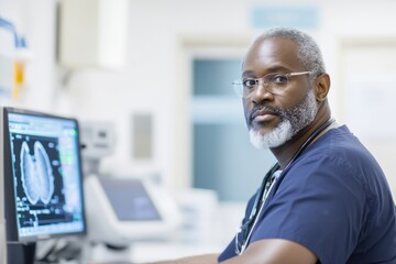 Candid moment of perinatologist reviewing ultrasound in a warm clinic setting