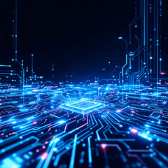 Futuristic technology background with glowing circuits, neon blue and white holograph