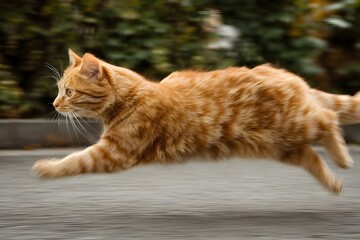Obraz premium A ginger cat runs and transforms into a speedster while moving
