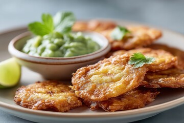 Enjoying crispy patacones with flavorful guacamole on a beautiful dining table
