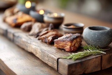 Traditional pachamanca dish featuring assorted meats on wooden table with candles