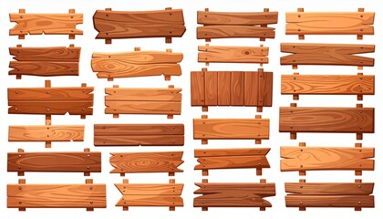 Fototapeta premium Wood boards. Cartoon wooden signs in various shapes. Arrow direction sign, message 