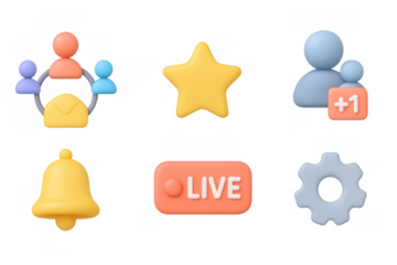 Colorful 3d social media icons set including notifications and live stream elements