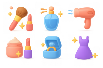 Colorful 3d beauty icons set with makeup, perfume, hair dryer, ring, and dress