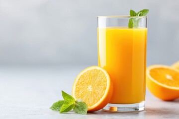 Fototapeta premium Freshly squeezed orange juice served in a vibrant glass with mint and orange slices