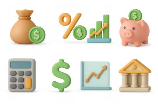 3d financial icons set: money bag, piggy bank, and graph elements