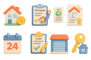 3d real estate icons: mortgage, loan, home, and key elements collection