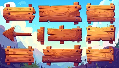 Fototapeta premium Wood boards. Cartoon wooden signs in various shapes. Arrow direction sign, message 