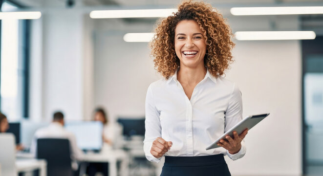 Businesswoman in white shirt holding tablet in a modern open-plan office
