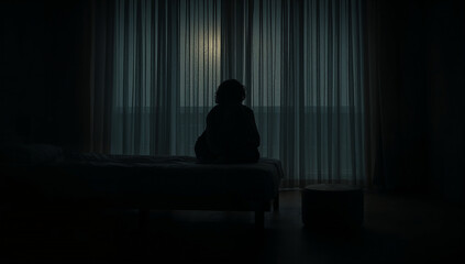 Dimly Lit Room with Person Sitting by Window, Reflection