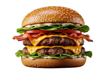 Gourmet double cheeseburger: flame-grilled patties, oozing cheddar, bacon, lettuce, sauce, toasted bun, dark studio light. Concept of food advertising