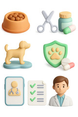3d pet care icons featuring dog, grooming tools, and veterinary supplies