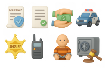 3d crime and law elements: police car, arrested criminal, money, insurance documents