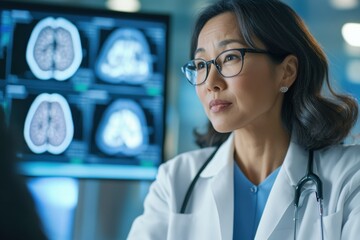 Focused Asian female neurologist engages in patient consultation about treatment options