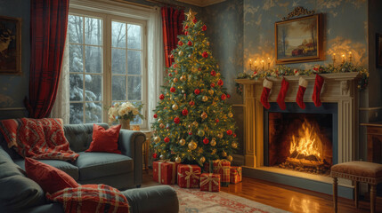 a cozy room with a fireplace and a Christmas tree