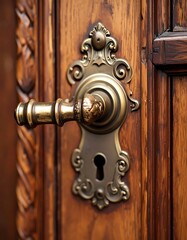 Obraz premium Ornate brass door handle on a detailed wooden door
