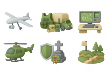 3d military icons set: vehicles, equipment, and strategy elements