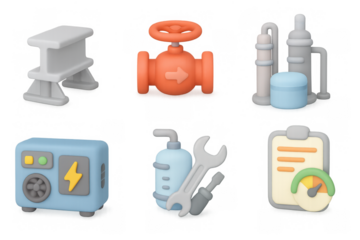 Industrial 3d icons set featuring machinery, tools, and equipment