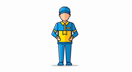 Delivery service man in blue uniform holding cardboard box against white background. Delivery service worker with package ready to deliver to customer.