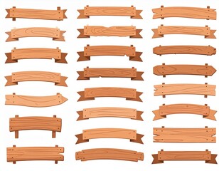 Wooden banners. Rustic signboards and direction boards wooden blank ribbons vector