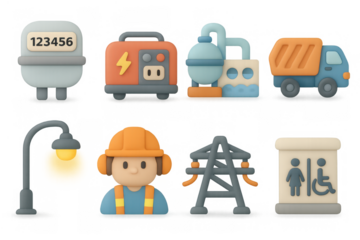 Industrial 3d icons set featuring utilities, construction, and energy elements