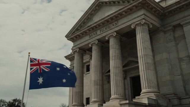 Australian flag waving against government building