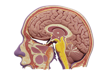 Isolated midsagittal section human head, brain and facial anatomy, no background, educational