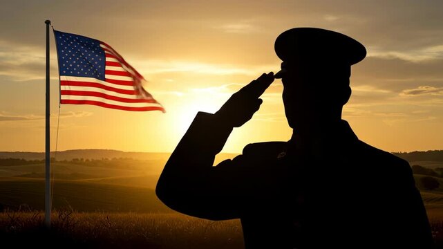 Military salute to American flag at sunset