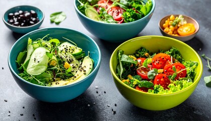 Green fresh salad of their various tasty vegetables in color bowls.