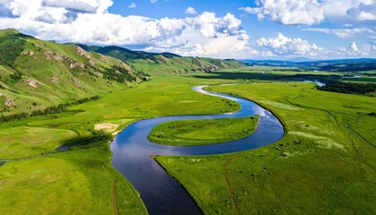 Serpentine River Meandering Through Lush Green Valley, Aerial View