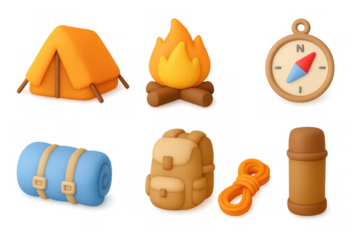 Camping essentials in 3d: tent, campfire, compass, and gear for outdoor adventures