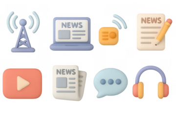 Colorful 3d media icons set with news, communication, and multimedia elements