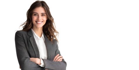 portrait of a smiling business woman in a suit, standing with her arms crossed, isolated on a transparent png