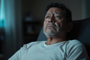 Fototapeta premium Middle-aged Hispanic man shares mental health struggles in group therapy session focusing on vulnerability and support