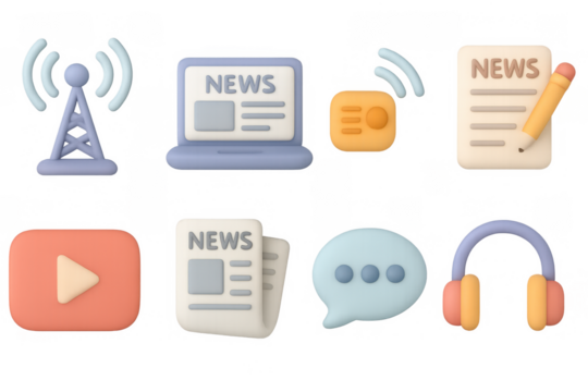 Colorful 3d media icons set with news, communication, and multimedia elements